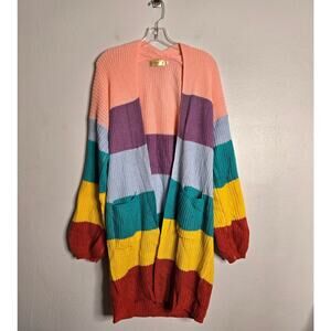 Rainbow Striped Chunky Knit Open Front Duster Cardigan Size M Cozy Colorful
